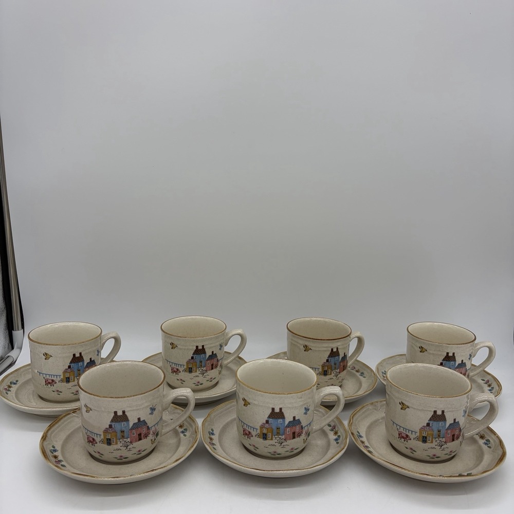 Vintage International Heartland Village 7 Cups & Saucers #7774 Japan Cottagecore